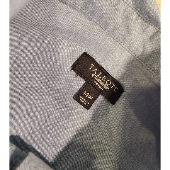 Talbots Top Women Sz 14 Blue Chambray Button Shirt Ruffle Front Roll Tab Sleeve - Picture 8 of 12